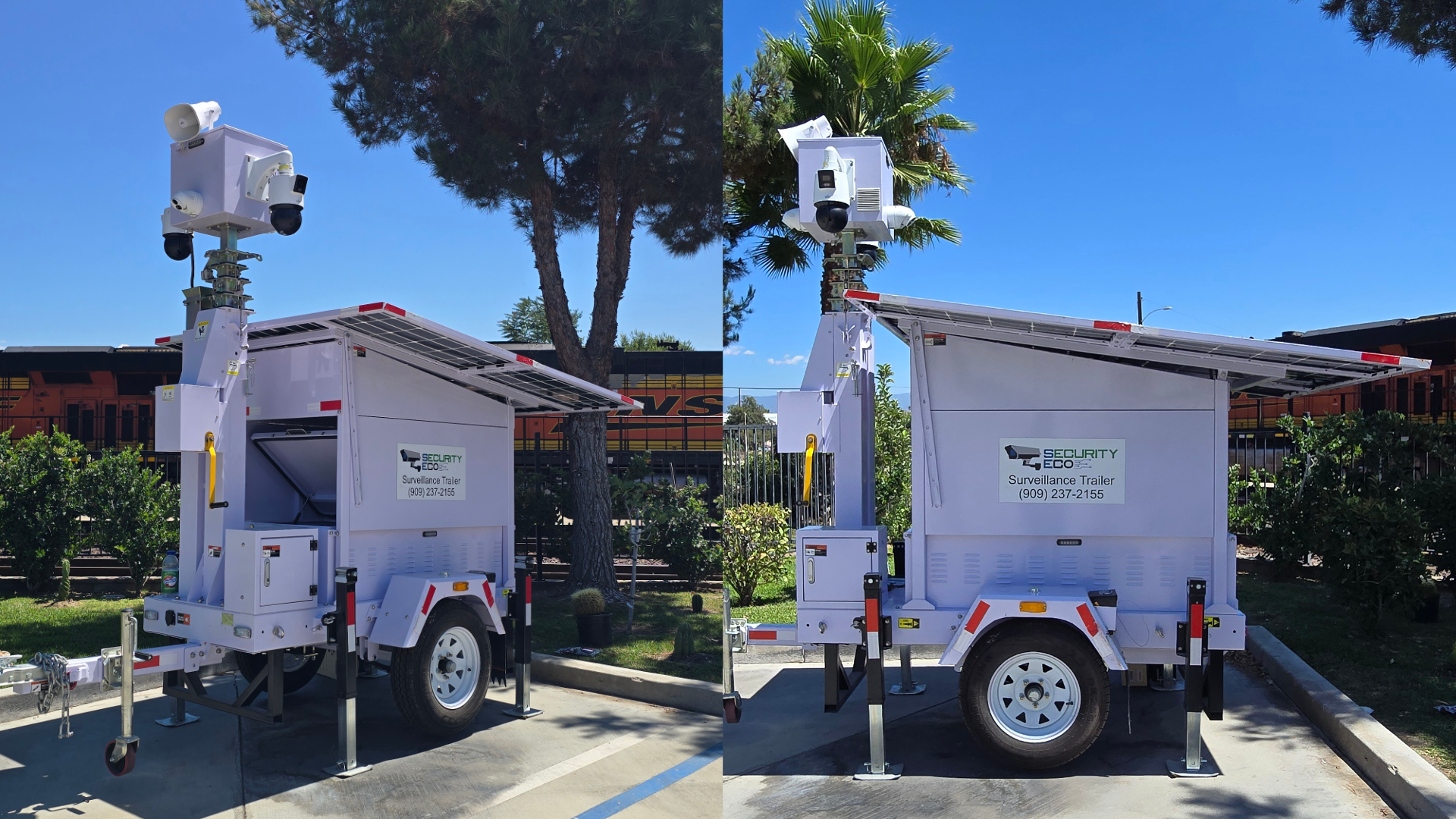 Dual view of Security Eco surveillance trailer showing solar panels and mast